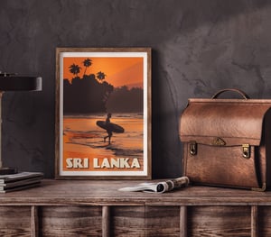 Image of Vintage Poster Sri Lanka - Surfer on the Beach - Orange - Fine Art Print