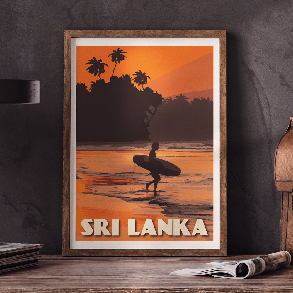 Image of Vintage Poster Sri Lanka - Surfer on the Beach - Orange - Fine Art Print