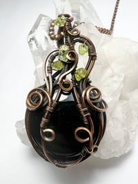 Image 1 of Whimsical Pumpkin Necklace – Black Onyx, Peridot & Copper Wire 