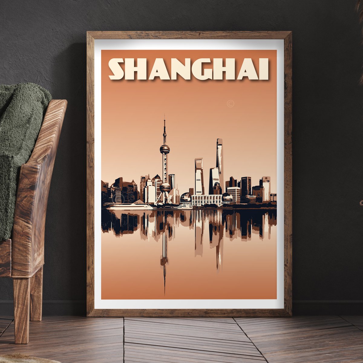 Image of Vintage Poster Shanghai - Shanghai Skyline - Waterfront - Burnt Orange - Fine Art Print