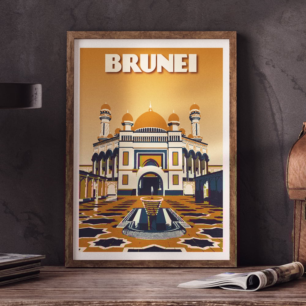 Image of Vintage poster Brunei - Jame' Asr Hassanil Bolkiah Mosque - Bandar Seri Begawan- Ye - Fine Art Print