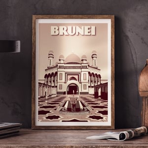 Image of Vintage poster Brunei - Jame' Asr Hassanil Bolkiah Mosque - Bandar Seri Begawan- Cl - Fine Art Print