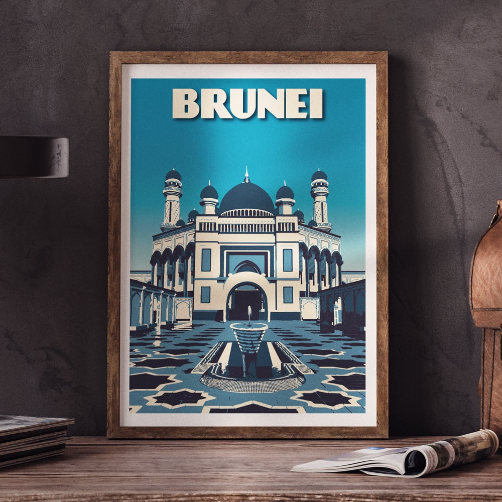 Image of Vintage poster Brunei - Jame' Asr Hassanil Bolkiah Mosque - Bandar Seri Begawan- Bl - Fine Art Print