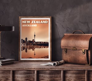 Image of Vintage poster New Zealand Auckland City Skyline | Wall Art decor | Cityscape | Burnt orange