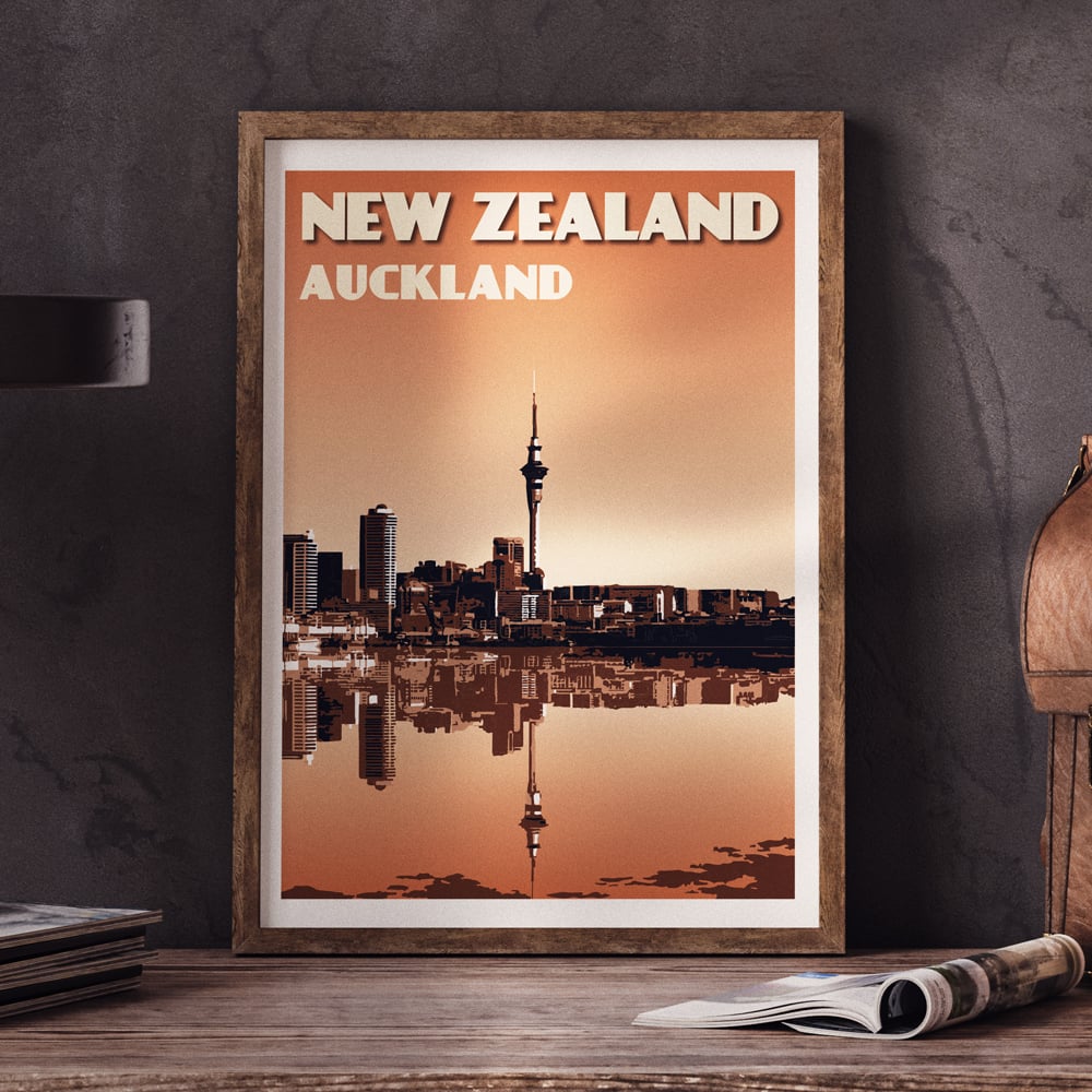 Image of Vintage poster New Zealand Auckland City Skyline | Wall Art decor | Cityscape | Burnt orange