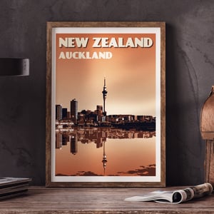 Image of Vintage poster New Zealand Auckland City Skyline | Wall Art decor | Cityscape | Burnt orange