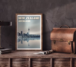 Image of Vintage poster New Zealand Auckland City Skyline | Wall Art decor | Cityscape | Blue