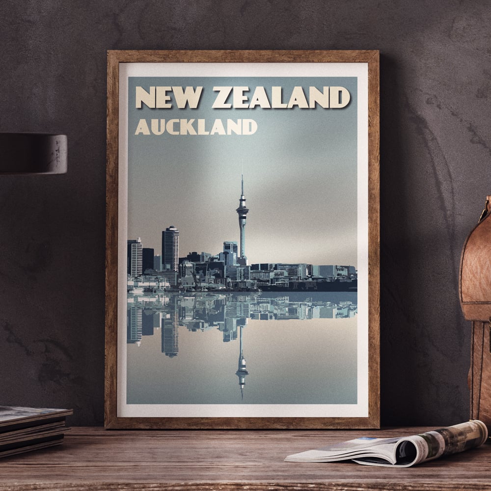Image of Vintage poster New Zealand Auckland City Skyline | Wall Art decor | Cityscape | Blue