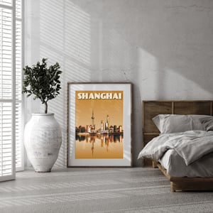 Image of Vintage Poster Shanghai - Shanghai Skyline - Waterfront - Mustard - Fine Art Print