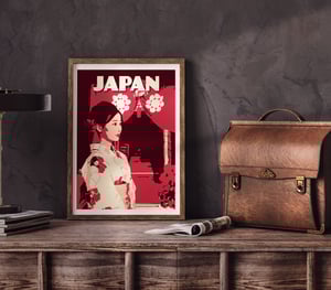Image of Japan Print | Women in Kimono | Vintage Poster | Travel Poster | Gift | Red