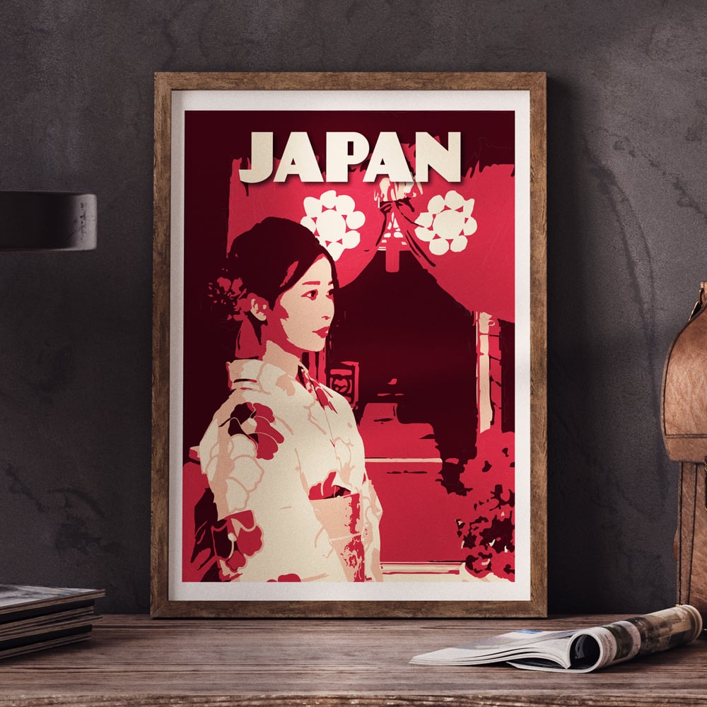 Image of Japan Print | Women in Kimono | Vintage Poster | Travel Poster | Gift | Red