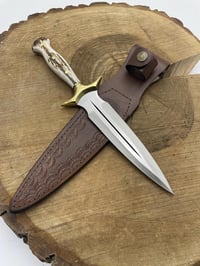 Image 1 of 10" Handmade Carbon Steel Dagger Knife with Elk Antler Handle & Cowhide Leather Sheath