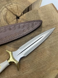 Image 2 of 10" Handmade Carbon Steel Dagger Knife with Elk Antler Handle & Cowhide Leather Sheath