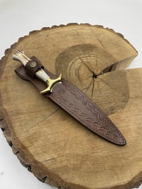 Image 3 of 10" Handmade Carbon Steel Dagger Knife with Elk Antler Handle & Cowhide Leather Sheath