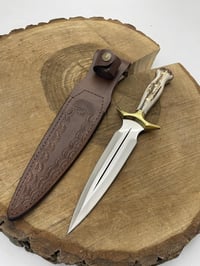 Image 4 of 10" Handmade Carbon Steel Dagger Knife with Elk Antler Handle & Cowhide Leather Sheath