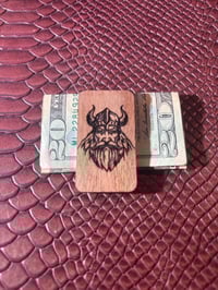 Image 1 of Engraved Walnut Wood Viking Money Clip - Norse Warrior Stainless Steel