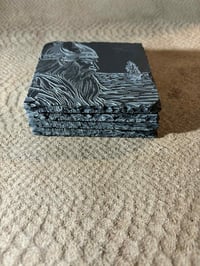 Image 2 of Engraved Viking Slate Coaster Set: Norse Warrior &amp; Ship Design