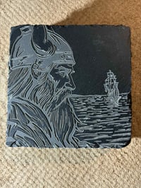 Image 3 of Engraved Viking Slate Coaster Set: Norse Warrior &amp; Ship Design