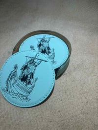 Image 4 of Personalized Leatherette Coaster Set with Holder: Engraved Drink Coasters