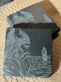 Image 4 of Engraved Viking Slate Coaster Set: Norse Warrior &amp; Ship Design