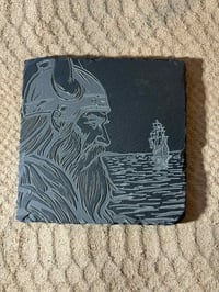 Image 5 of Engraved Viking Slate Coaster Set: Norse Warrior &amp; Ship Design