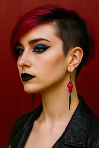 Image 2 of 80s New Wave Spike Earrings, Red & Gunmetal, Pierced or Clip On