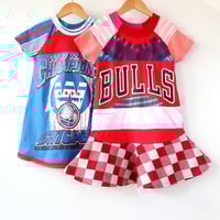 Image 5 of bulls 5T courtneycourtney short sleeve twirl dress jordan chicago vintage fabric red pink upcycled