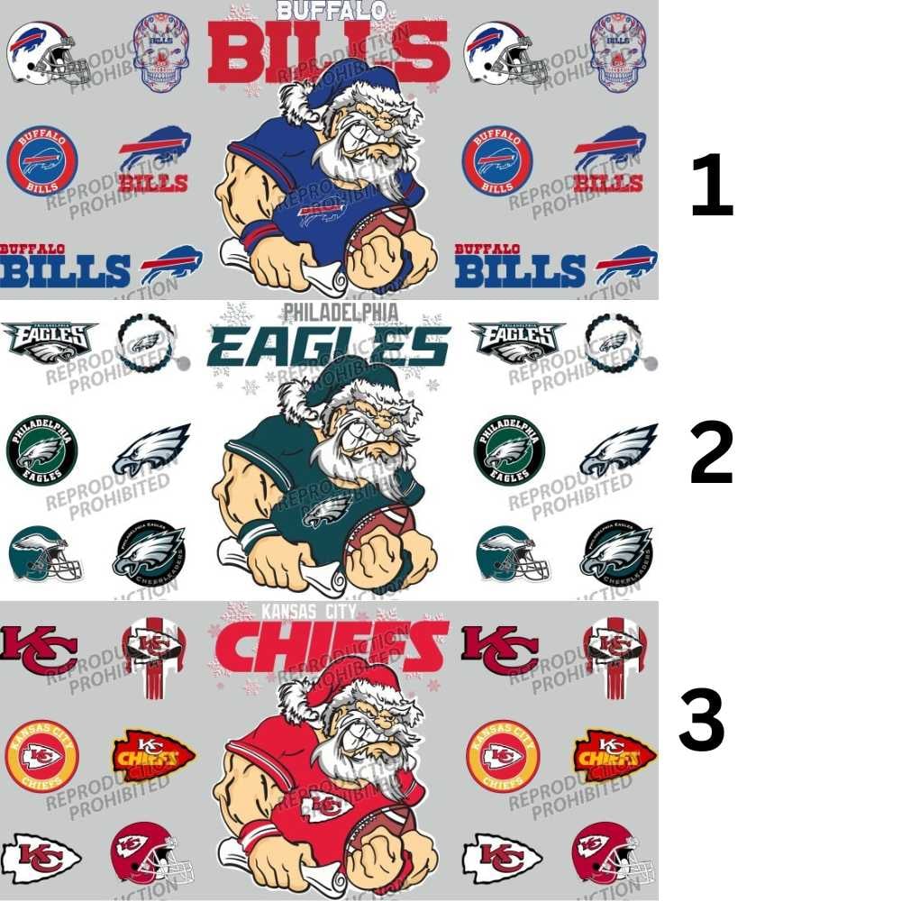 Image of Football Santa Double-Sided UV DTF Cup Wraps – Chiefs, Bills & Eagles