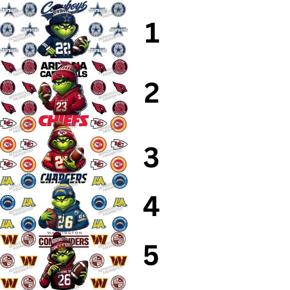 Image of Football Grinch Double-Sided UV DTF Cup Wraps – Cowboys, Cardinals, Chiefs, Chargers & Commanders