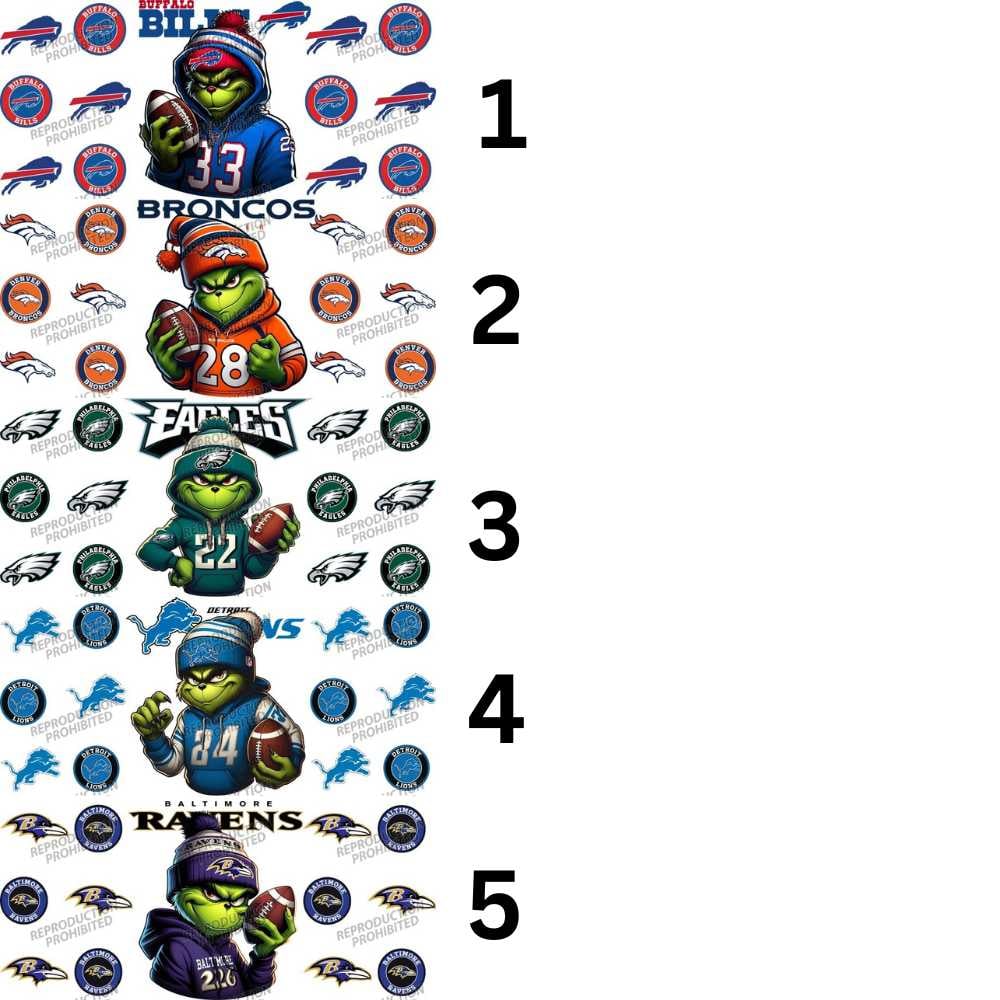 Image of Football Grinch Double-Sided UV DTF Cup Wraps – Bills, Broncos, Eagles, Lions & Ravens