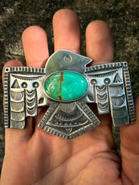 Image 4 of WL&A Handmade Heavy Ingot Patagonia (AZ) Turquoise Thunderbird Belt Buckle - Size 3.75"