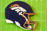 Image 4 of Denver Broncos Hand Crafted NFL 3D Wooden Team Helmet Wall Décor Hanging Artwork.