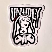 Image 1 of UNHOLY Evil Satanic Nun Praying With Upside-Down Crosses Over Her Breasts Glossy Vinyl Sticker