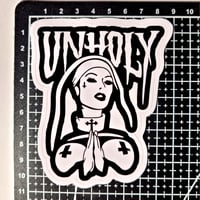 Image 2 of UNHOLY Evil Satanic Nun Praying With Upside-Down Crosses Over Her Breasts Glossy Vinyl Sticker