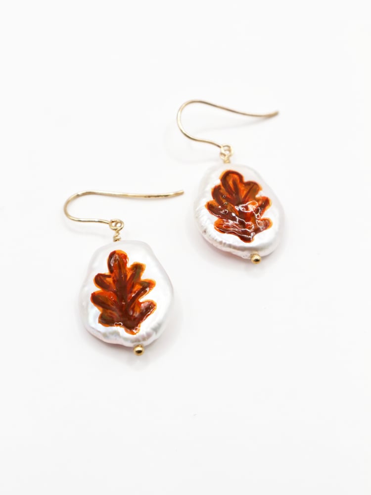 Image of Autumn Oak Leaf Pearl Earrings 