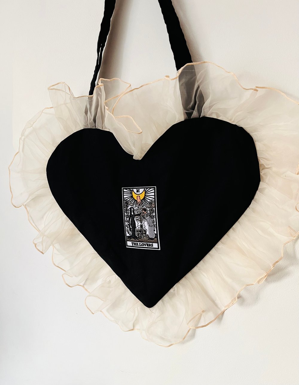 Image of 🖤 Lovers Tarot Heart Tote – Black & Cream Ruffle  Bag