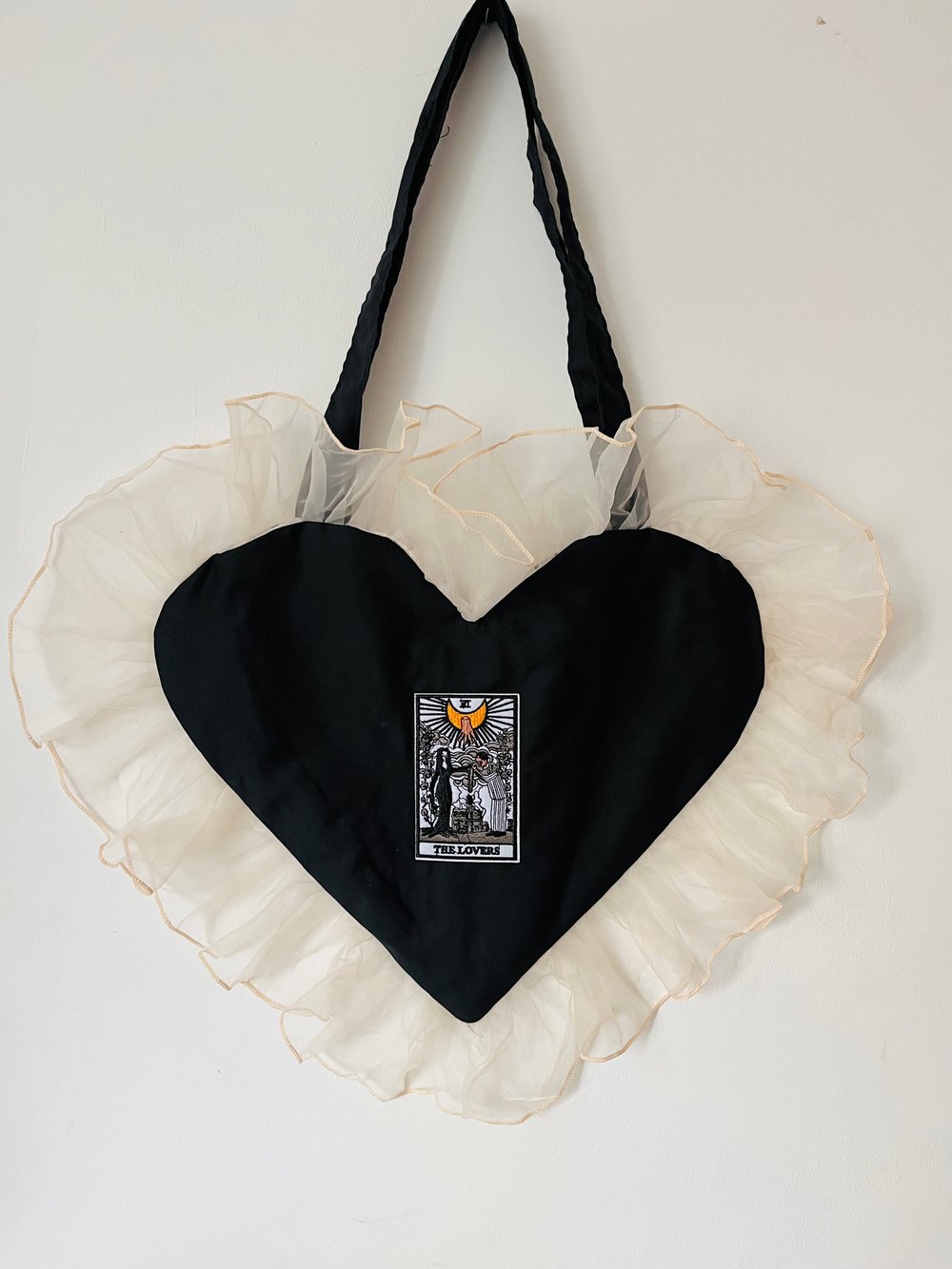 Image of 🖤 Lovers Tarot Heart Tote – Black & Cream Ruffle  Bag