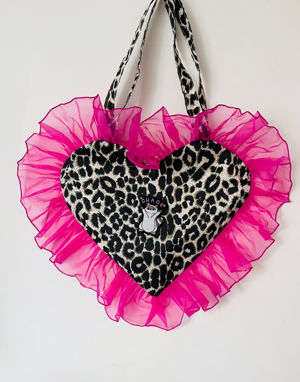 Image of 💖  Leopard Heart Tote – Hot Pink Ruffle Y2K Bag no patch