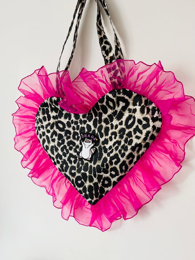 Image of 💖  Leopard Heart Tote – Hot Pink Ruffle Y2K Bag no patch