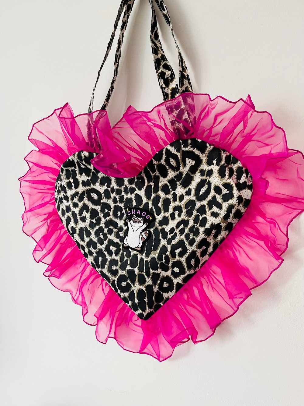 Image of 💖  Leopard Heart Tote – Hot Pink Ruffle Y2K Bag no patch