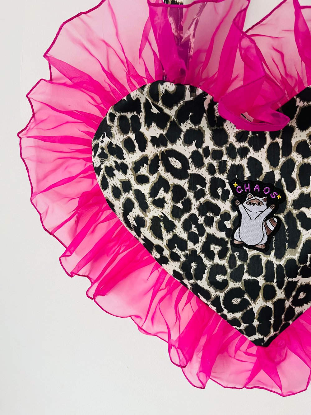Image of 💖  Leopard Heart Tote – Hot Pink Ruffle Y2K Bag no patch