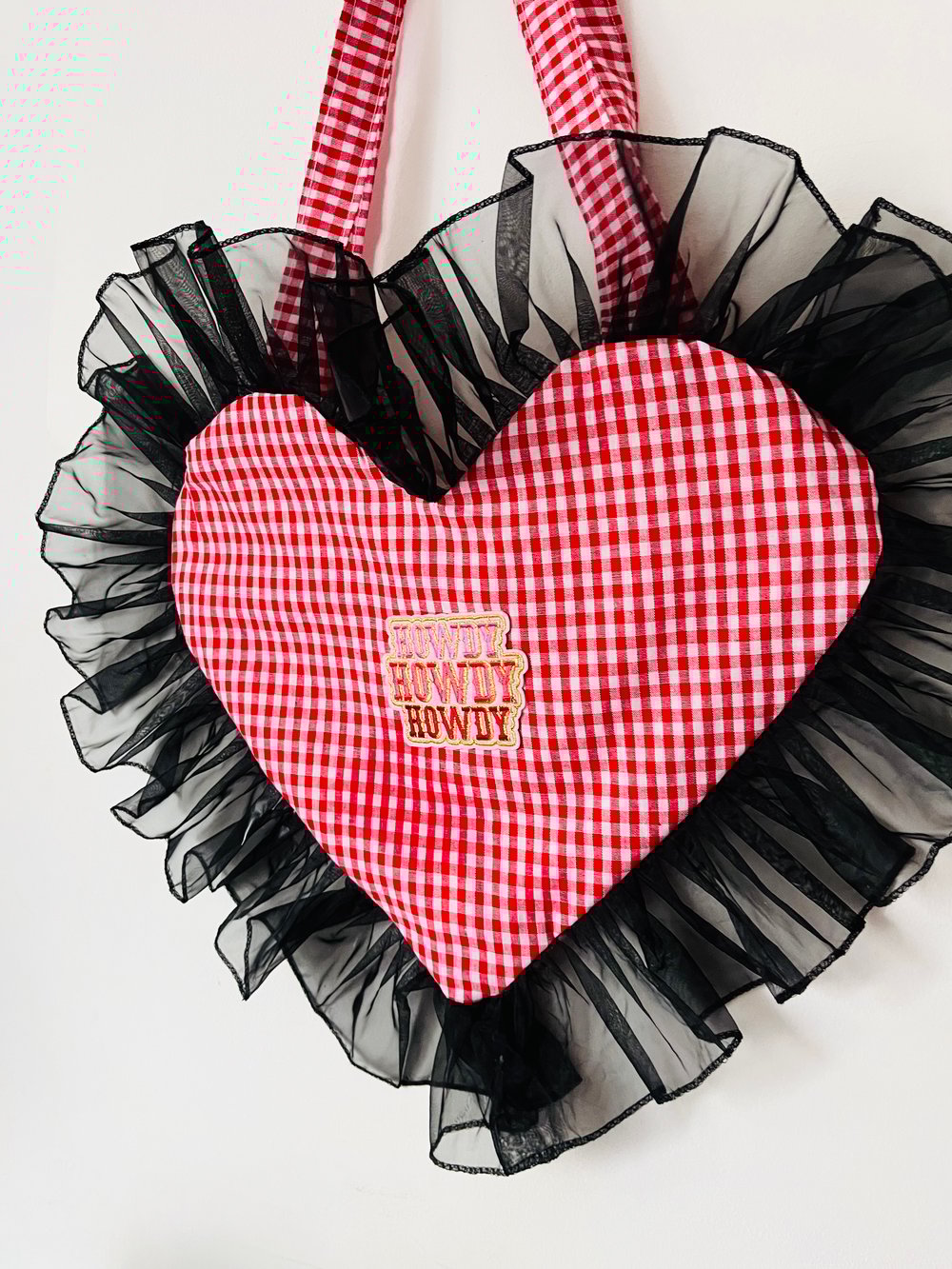 Image of ❤️🖤 Red Gingham Heart Tote | Handmade Bag with Black Ruffle & “Howdy” Patch 🤠