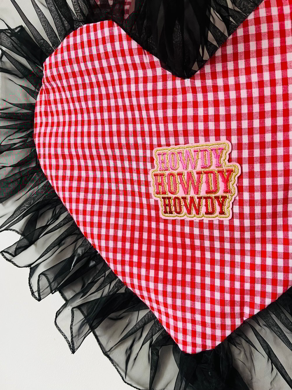 Image of ❤️🖤 Red Gingham Heart Tote | Handmade Bag with Black Ruffle & “Howdy” Patch 🤠