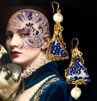 Image 1 of Captured Memories Vintage porcelain, freshwater pearl assymetrical earrings