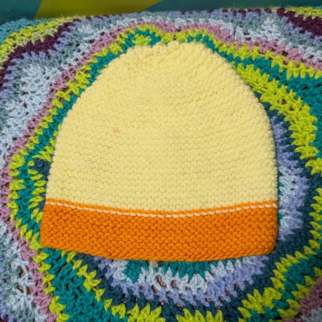 Hand Knit Pastel Yellow & Orange Trim Winter Beanie Hat