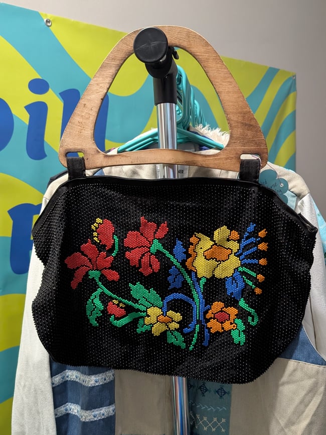 Vntg Upcycled Floral Beaded Purse Wall Hanging