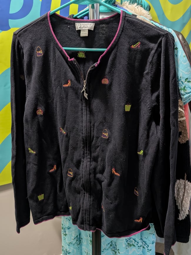 Vntg Christopher & Banks Embroidered Shopaholic Cardigan Sweater Sz L