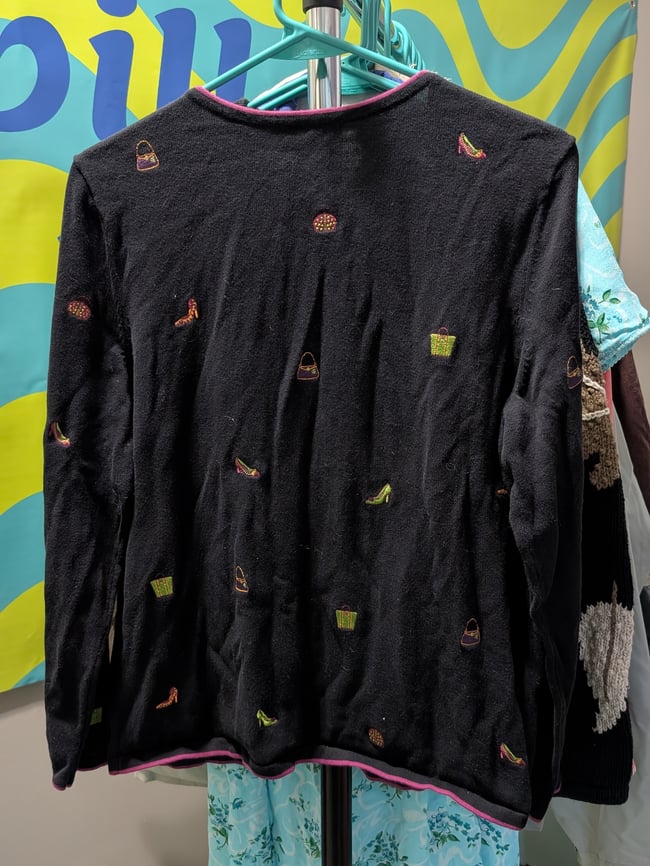 Vntg Christopher & Banks Embroidered Shopaholic Cardigan Sweater Sz L