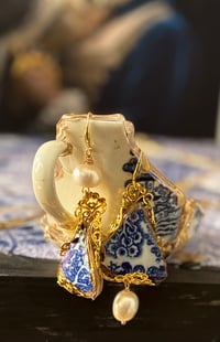 Image 4 of Captured Memories Vintage porcelain, freshwater pearl assymetrical earrings