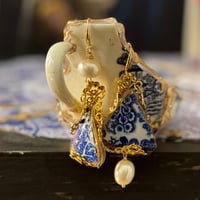 Image 3 of Captured Memories Vintage porcelain, freshwater pearl assymetrical earrings